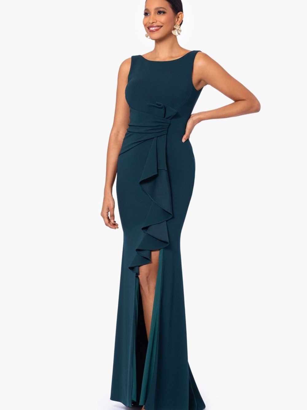 Betsy & Adam Teal Ruffled Sheath Wedding Dress